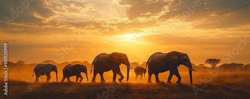A family of elephants walking in a line across a dusty African plain, with the golden glow of sunset highlighting their large silhouettes photo