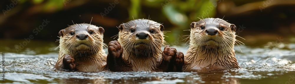 A family of otters floating on their backs in a calm river, holding hands and looking relaxed, illustrating their playful and social nature A family of otters floating on their backs in a calm river, holding hands and looking relaxed, illustrating their playful and social nature