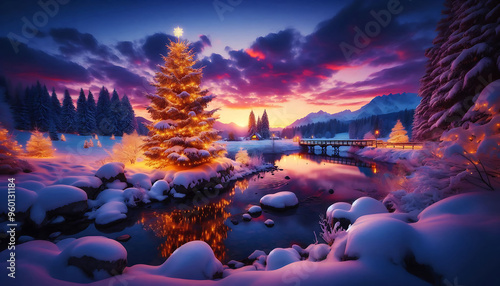 A winter landscape at dusk featuring a beautifully illuminated Christmas tree adorned with lights and a tranquil river reflecting the vibrant hues of a sunset