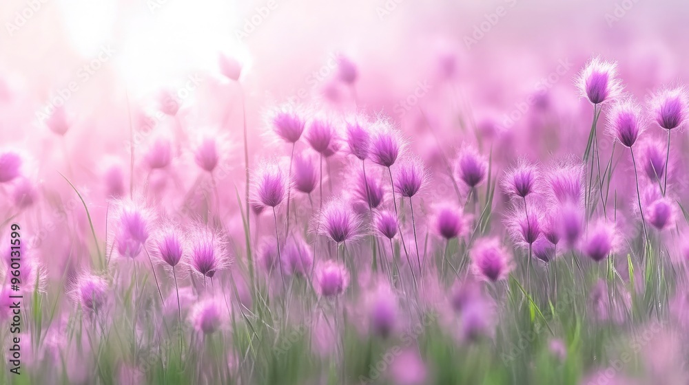 Naklejka premium On a foggy morning, a stunning expanse of pink cotton grass creates a serene atmosphere, transforming the landscape into a fluffy, dreamy wonderland