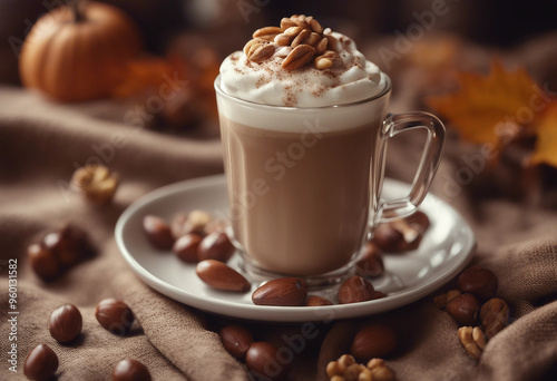 Close up of a caramal chocolate hazelnut latte with foam and syrup on brown towel with nuts autumn