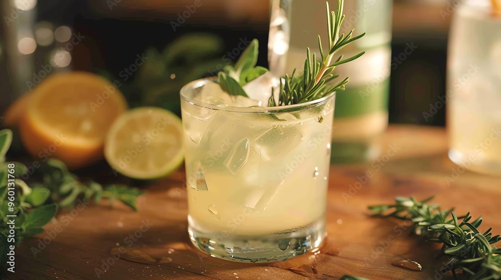 Fototapeta premium A glass of refreshing citrus drink garnished with rosemary.