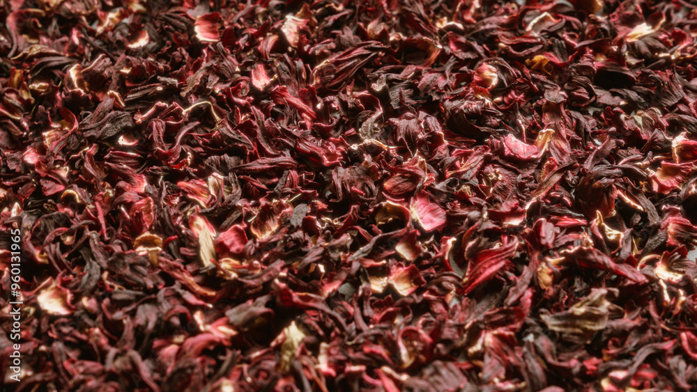 Dried hibiscus petals scattered closely together creating a vivid impression of texture and color Dried hibiscus petals scattered closely together creating a vivid impression of texture and color