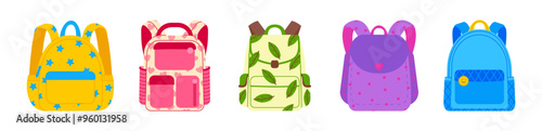 Set of bright school backpacks different shapes isolated on transparent background. Vector illustration