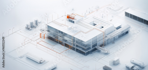 Building of facility design. Factory or manufacturing facility or plant, energy and resource delivery and collection see through model. Hand edited generative AI. photo