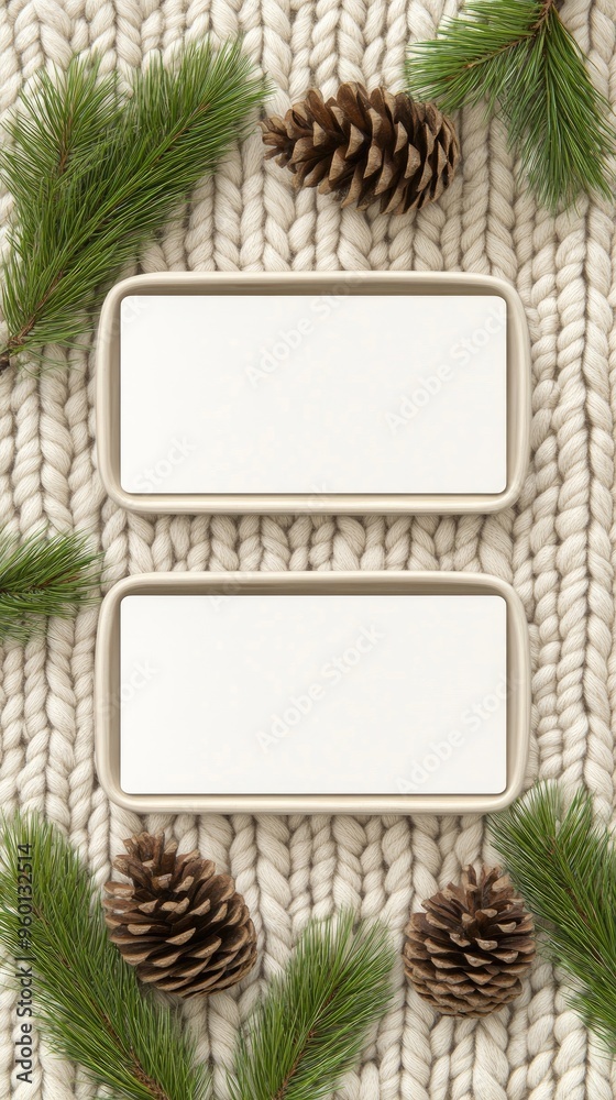 Two empty business cards rest on a textured knitted sweater, complemented by pine branches and red berries, evoking a warm and inviting winter setting Two empty business cards rest on a textured knitted sweater, complemented by pine branches and red berries, evoking a warm and inviting winter setting