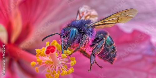Blue Fly on Purple Flower with pank background 