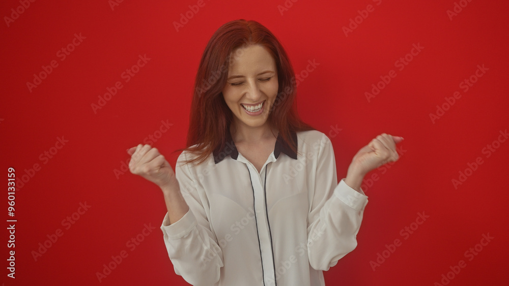 Redheaded woman expressing joy with a laugh over a vibrant red background, embodying positivity and liveliness. Redheaded woman expressing joy with a laugh over a vibrant red background, embodying positivity and liveliness.