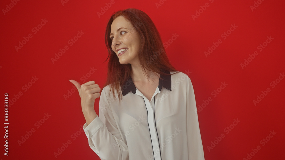 A smiling young adult caucasian woman with red hair, striking a pointing pose over an isolated red background. A smiling young adult caucasian woman with red hair, striking a pointing pose over an isolated red background.