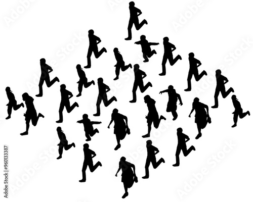Silhouette of running people isolated on white background. Men, women and children running. Vector illustration.