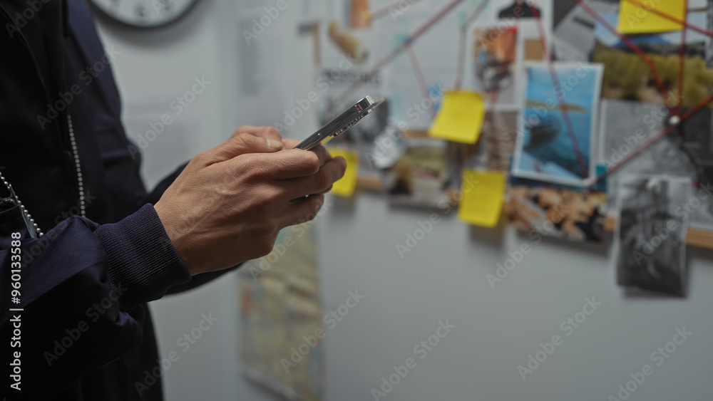A young man in a detective's office examining evidence on a pinboard while holding a smartphone. A young man in a detective's office examining evidence on a pinboard while holding a smartphone.
