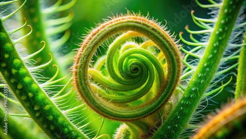 Vibrant green plant root tip unfurls delicate tendrils, showcasing intricate details and textures in a striking close-up, highlighting the beauty of nature's microscopic wonders. photo