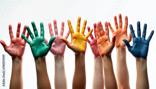 People raising colorful painted hands showing diversity