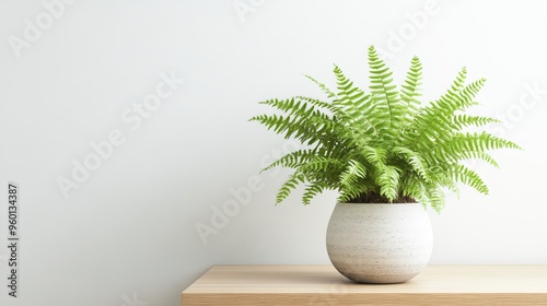 Serene and modern, a verdant fern thrives in a sleek planter on a wooden table. Against a pristine white backdrop, this minimalist tableau evokes tranquility and brings nature indoors.