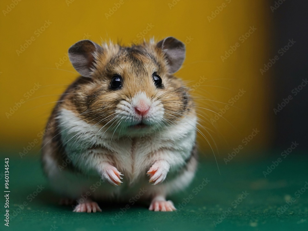 Close-up of a dwarf hamster with a yellow and green backdrop, providing room for text or design. Close-up of a dwarf hamster with a yellow and green backdrop, providing room for text or design.