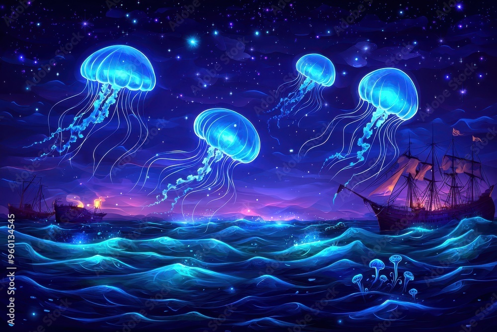 Naklejka premium Glowing jellyfish in a fantasy ocean landscape with ship silhouette