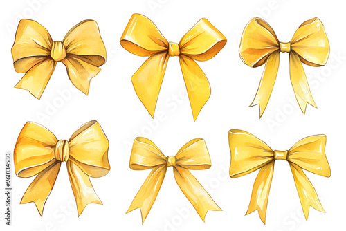 Watercolor Illustration of Six Yellow Ribbon Bows photo