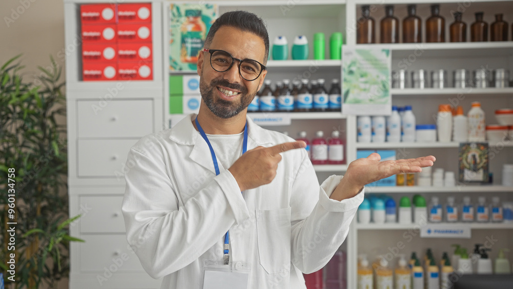Smiling hispanic pharmacist pointing to shelves full of products in a modern drugstore. Smiling hispanic pharmacist pointing to shelves full of products in a modern drugstore.
