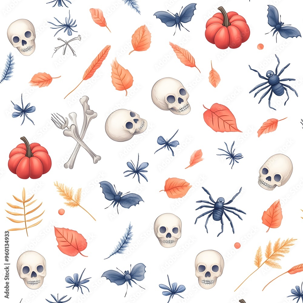Creepy Halloween pattern with skulls, bones, and spiders., Creepy Halloween pattern with skulls, bones, and spiders.,