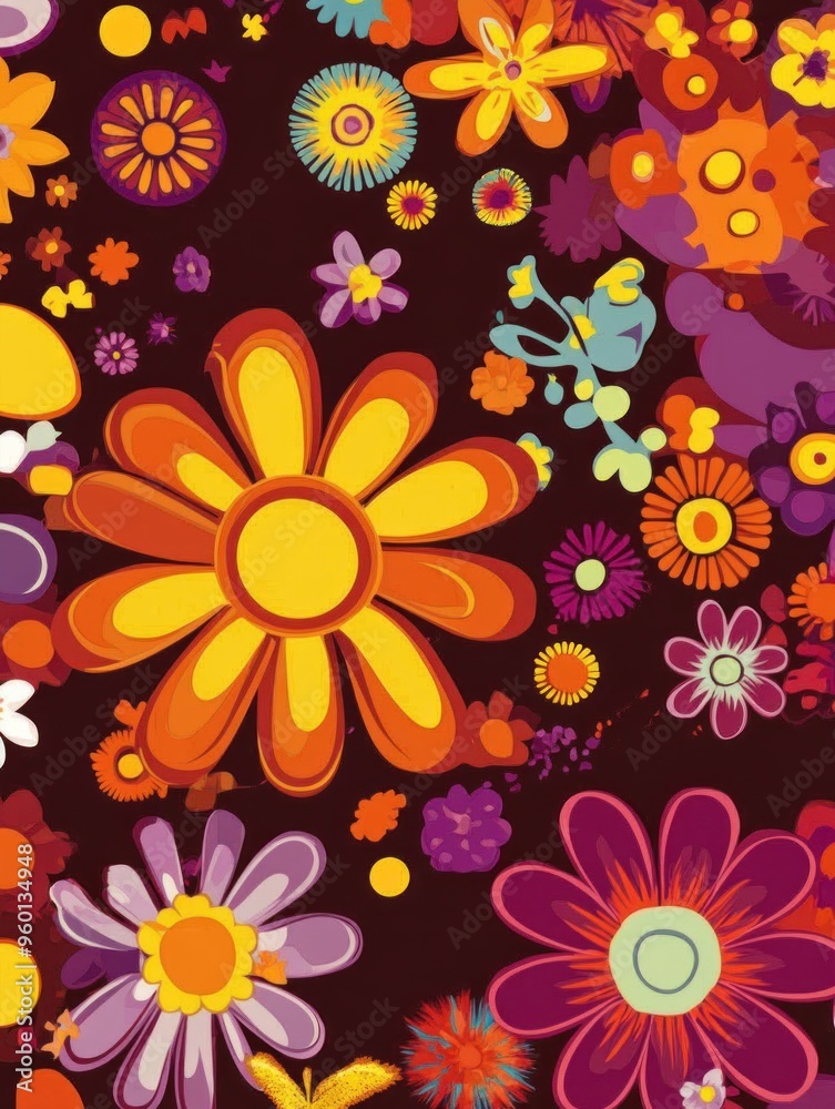 flower power poster with flowers background vector. retro wall decoration, groovy, trippy, geometric shape. Vintage hippie wall art flower power poster with flowers background vector. retro wall decoration, groovy, trippy, geometric shape. Vintage hippie wall art