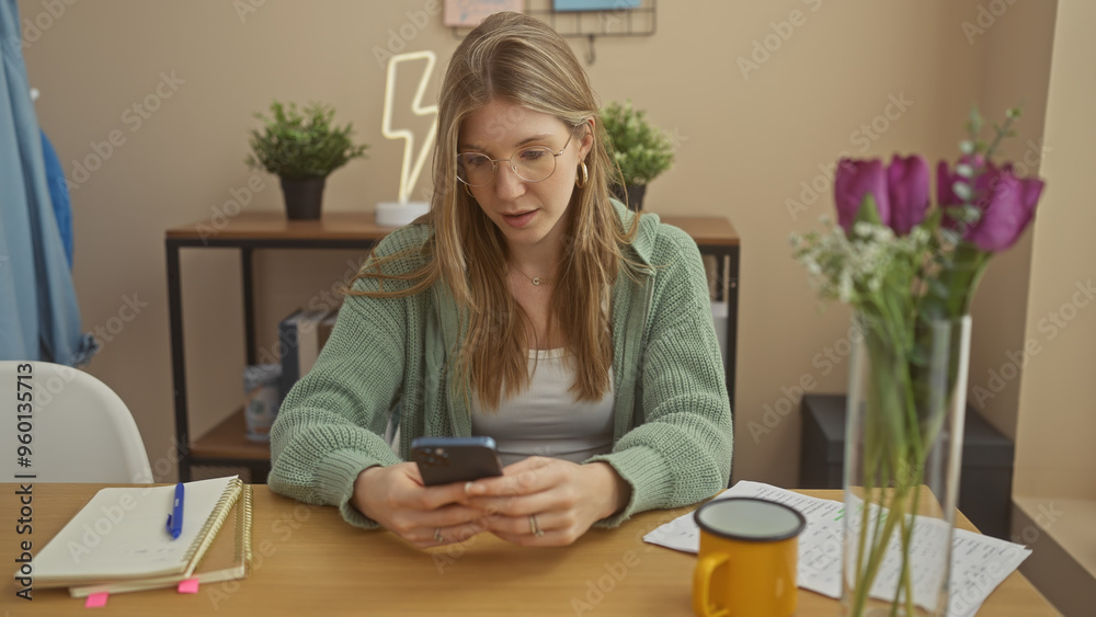 A focused young woman with glasses uses her smartphone at a tidy home workspace with a notepad, a pen, and flowers. A focused young woman with glasses uses her smartphone at a tidy home workspace with a notepad, a pen, and flowers.