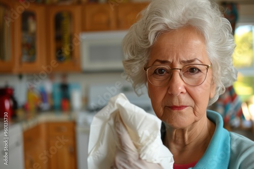 Senior Woman Disinfecting Phone with Spray & Tissue Against Virus & Bacteria