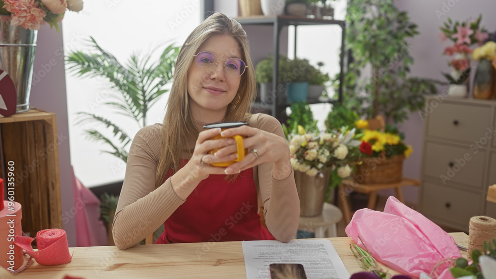 Young blonde woman enjoys coffee in a vibrant flower shop interior, surrounded by colorful bouquets Young blonde woman enjoys coffee in a vibrant flower shop interior, surrounded by colorful bouquets