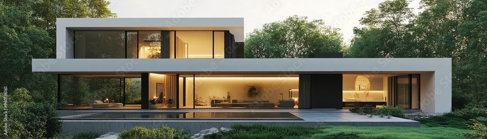 A minimalist white house with clean lines and large windows, set against a lush green landscape, showcasing modern minimalist architecture A minimalist white house with clean lines and large windows, set against a lush green landscape, showcasing modern minimalist architecture