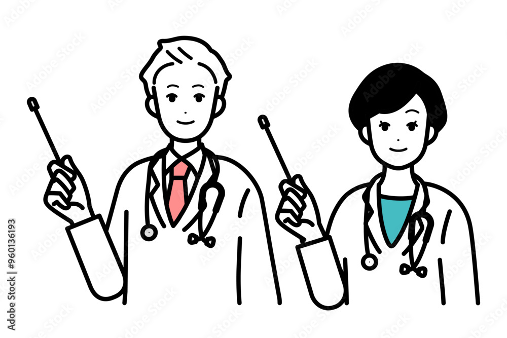 Illustration of male and female doctors, explaining with a pointing stick. Illustration of male and female doctors, explaining with a pointing stick.