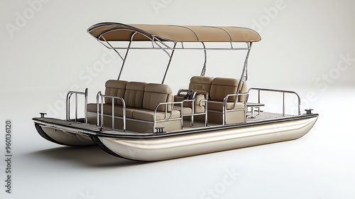 A stylish luxury pontoon boat with a canopy and cushioned seats, blending comfort with aquatic elegance. photo