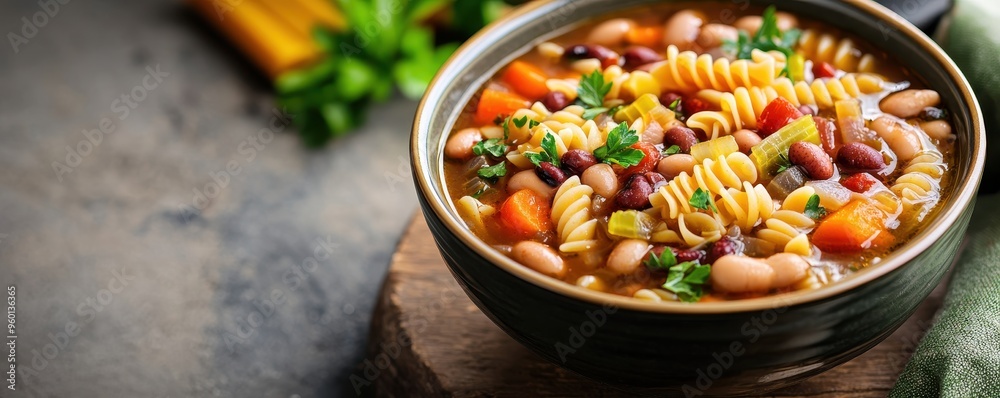 Close-up of a bowl filled with hearty vegetable soup featuring beans, fusilli pasta, and fresh herbs, ideal for comforting meals. Close-up of a bowl filled with hearty vegetable soup featuring beans, fusilli pasta, and fresh herbs, ideal for comforting meals.