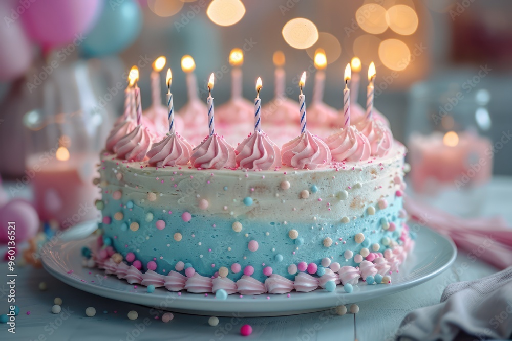 Bokeh Birthday Bash: Realistic Photo of Pastel Cake with Candles and Party Atmosphere in Background Bokeh Birthday Bash: Realistic Photo of Pastel Cake with Candles and Party Atmosphere in Background