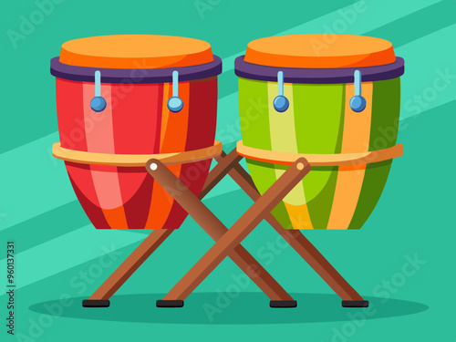 Vector illustration of Pair of colorful conga drums standing on wooden stand. 

