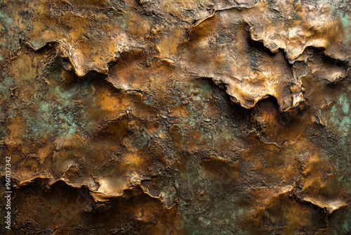 A bronze textured surface with a heavily corroded finish, showing deep pits and variances in tone, reminiscent of ancient relics. photo