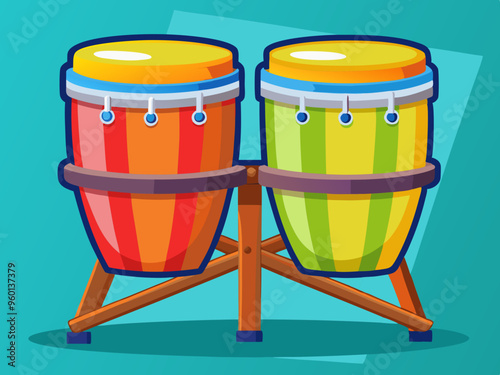 Vector illustration of Pair of colorful conga drums standing on wooden stand. 
