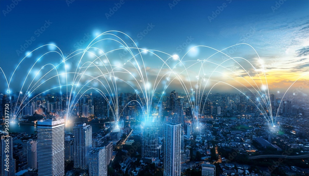 An aerial view of a cityscape at dusk with glowing lines connecting the buildings, symbolizing the interconnectedness of technology and urban development. An aerial view of a cityscape at dusk with glowing lines connecting the buildings, symbolizing the interconnectedness of technology and urban development.