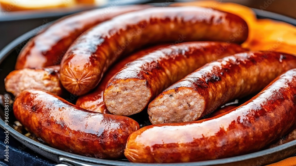 Sizzling bratwurst sausages are perfectly fried with oil and red pepper, served hot on a wooden table, ready for a satisfying meal Sizzling bratwurst sausages are perfectly fried with oil and red pepper, served hot on a wooden table, ready for a satisfying meal