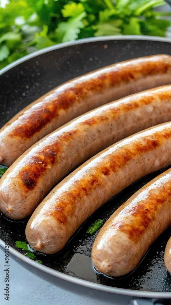Sizzling bratwurst sausages are perfectly fried with oil and red pepper, served hot on a wooden table, ready for a satisfying meal Sizzling bratwurst sausages are perfectly fried with oil and red pepper, served hot on a wooden table, ready for a satisfying meal