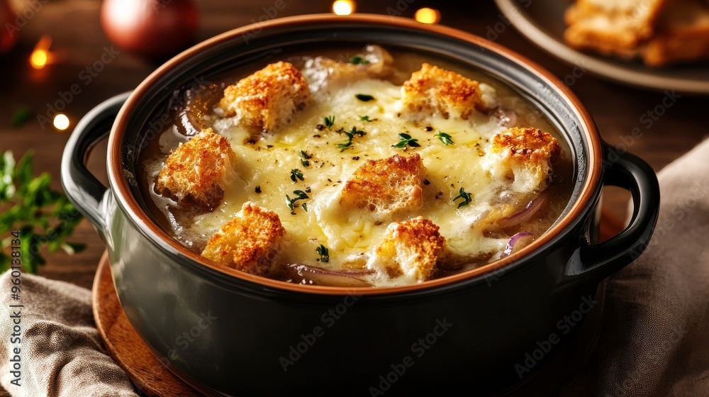 Warm French onion soup topped with melted cheese croutons, served in a rustic bowl, garnished with fresh thyme. Warm French onion soup topped with melted cheese croutons, served in a rustic bowl, garnished with fresh thyme.