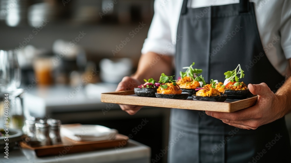 A chef in a modern kitchen serves gourmet appetizers on a wooden tray, featuring elegant plating and fresh ingredients. A chef in a modern kitchen serves gourmet appetizers on a wooden tray, featuring elegant plating and fresh ingredients.