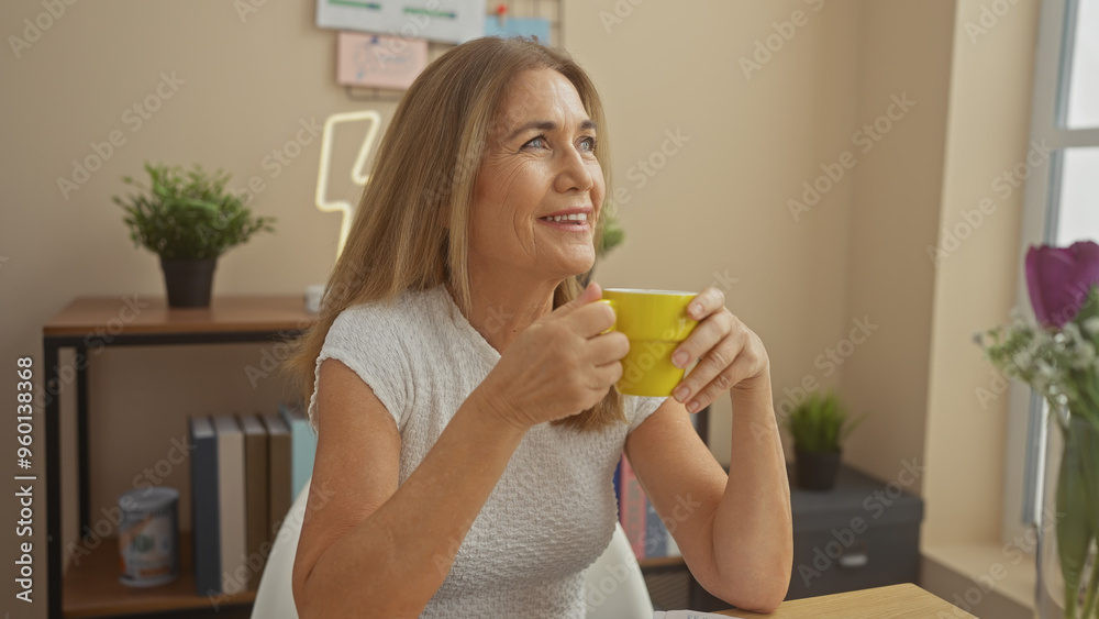 Smiling mature woman enjoys coffee in cozy living room, embodying a relaxed lifestyle and home comfort. Smiling mature woman enjoys coffee in cozy living room, embodying a relaxed lifestyle and home comfort.