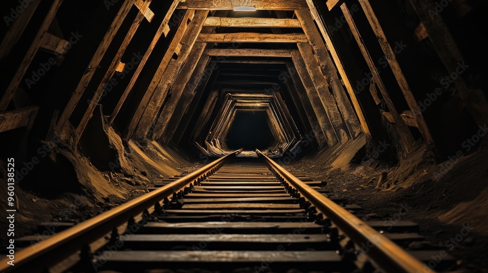 Obraz premium A dimly lit mine tunnel with wooden supports and railway tracks leading into darkness.