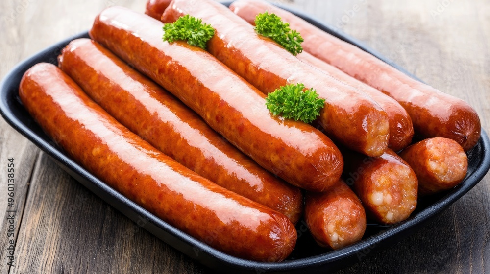 Sizzling bratwurst sausages are perfectly fried with oil and red pepper, served hot on a wooden table, ready for a satisfying meal Sizzling bratwurst sausages are perfectly fried with oil and red pepper, served hot on a wooden table, ready for a satisfying meal