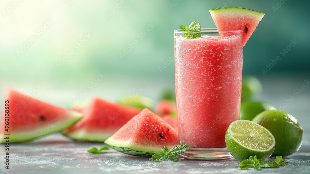 Refreshing Watermelon Smoothie with Lime in Frosted Glass | Summertime Drink Concept on Clean Background Refreshing Watermelon Smoothie with Lime in Frosted Glass | Summertime Drink Concept on Clean Background