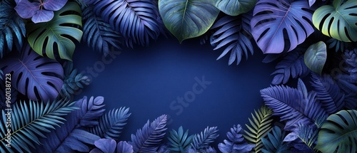 Tropical Leaves Frame on a Deep Blue Background