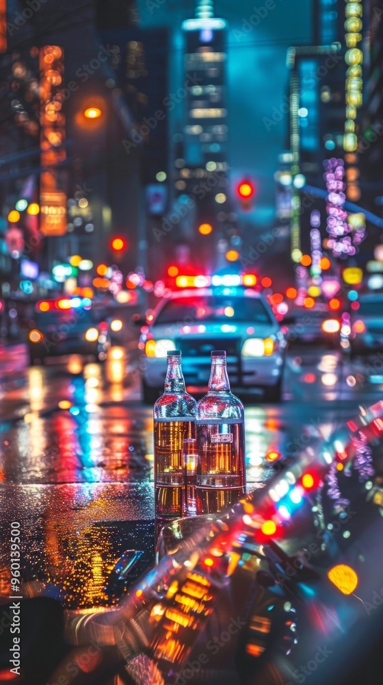 A lively night cityscape with bright lights, reflecting bottles of alcohol on a table. Illuminated buildings and cars add to the bustling ambiance. A lively night cityscape with bright lights, reflecting bottles of alcohol on a table. Illuminated buildings and cars add to the bustling ambiance.