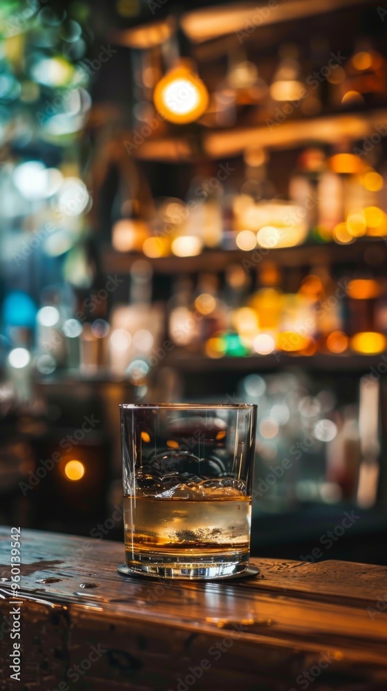 A stylish whisky glass on a bar counter with ice cubes, surrounded by alcohol bottles in a cozy setting. Luxurious ambiance with colorful lights conveys leisure and entertainment vibes.