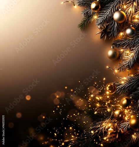 merry christmas magical golden christmas tree branch & lights & baubbles background; warm, cozy xmas frame for product/service exposure; copy space; beige backdrop