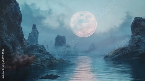 Full moon over ocean with mountains and clouds photo