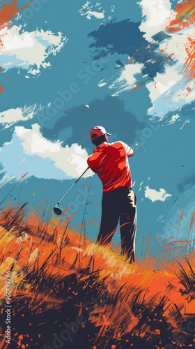 Illustration of a man in red shirt playing golf on a grassy hill, swinging club with golf ball in mid-air against a blue sky with white clouds.